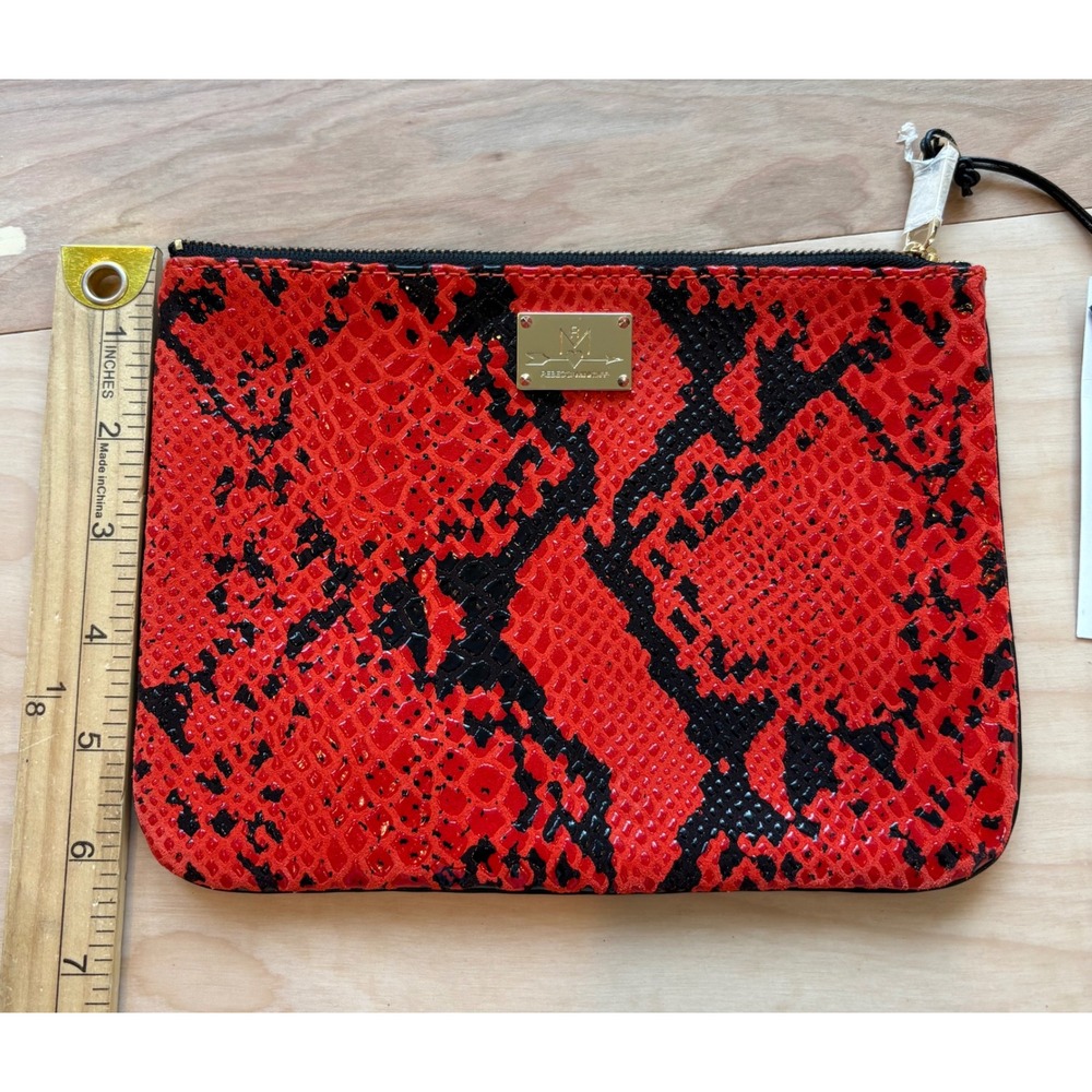 Rebecca Minkoff Erin Clutch Red Black Fluoro Snake Leather Zipper Pouch NEW - Picture 3 of 7